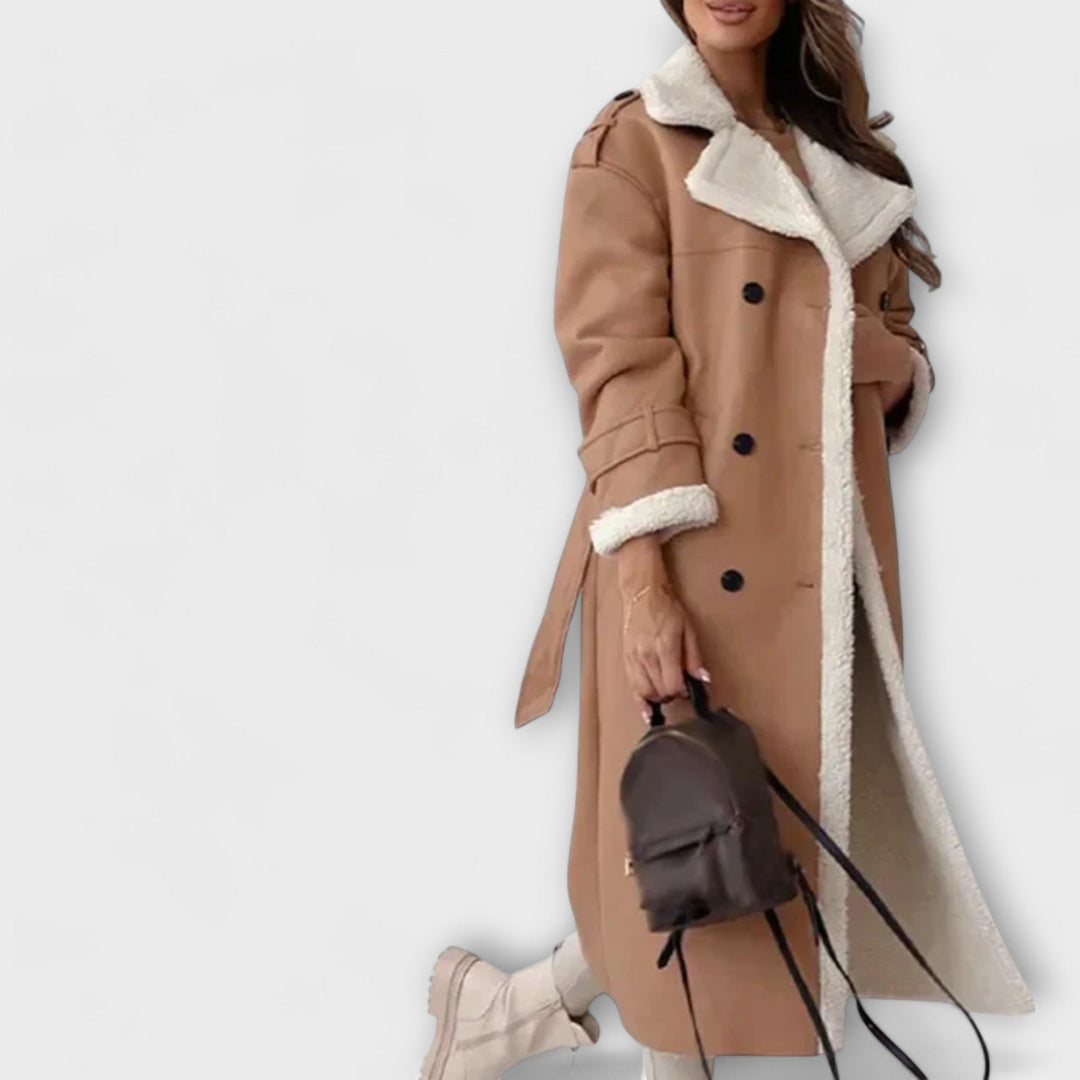Maria – Dlouhá klasická bunda s fleecovou podšívkou a límcem z teddy materiálu