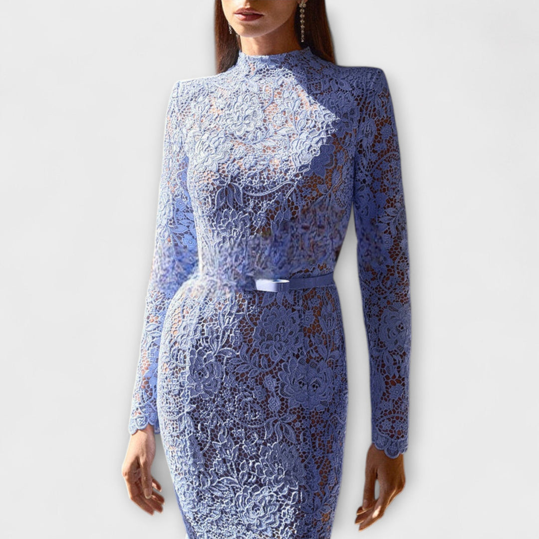 Freya - Elegantní Midi Šaty z Květnaté Krajky